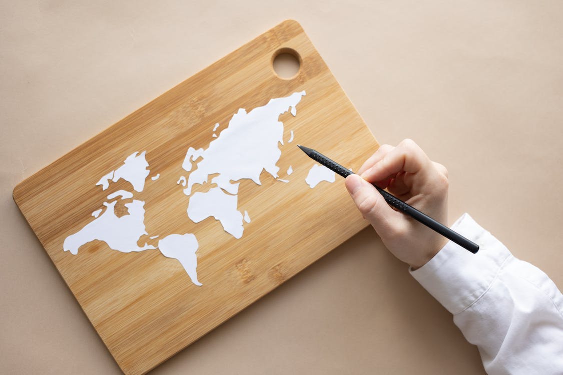Cutting board with a world map