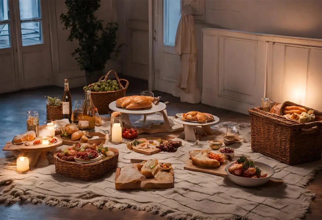 Food and drinks on a picnic blanket laying inside on the floor with candles